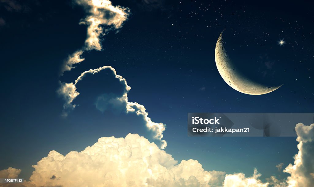 Night sky Crescent moon with Stars - Eid Mubarak, holy month,  Ramadon Kareem background Crescent Stock Photo
