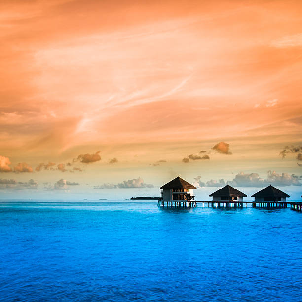 A solitary floating wooden platform floating on turquoise Caribbean waters at the left side on a bright sunny day, featuring four pairs of chairs to relax and enjoy the stunning seascape.Kalki beach, Curacao. Low angle view on water surface.
