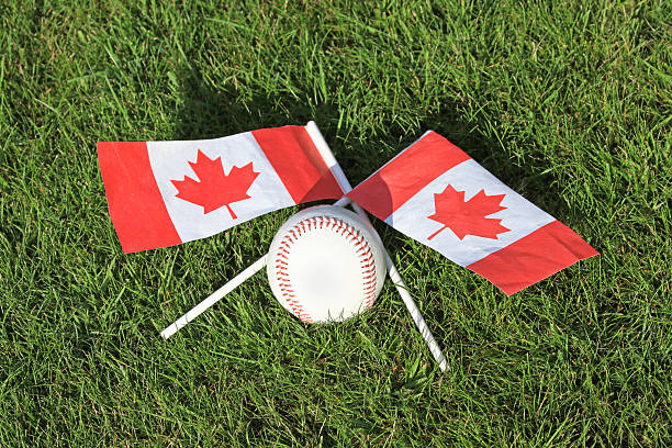 istock Baseball and Canadian Flag on grass Field 492839842