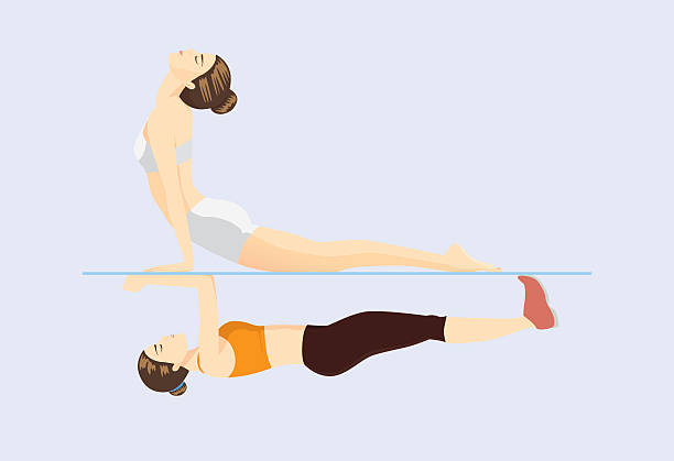 illustrazioni stock, clip art, cartoni animati e icone di tendenza di simili postura esercizi di yoga e pilates - lying down moving down pilates yoga