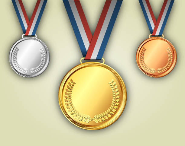золотые и серебряные и бронзовые медали в лентами - silver stock illustrations