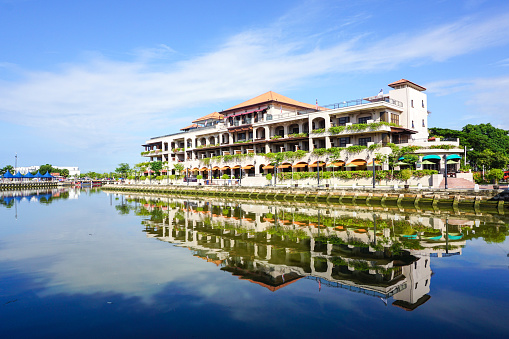 Malacca, Malaysia - August 19, 2014: View of the luxury hotel at Malaysian town in Malacca. It was listed as a UNESCO World Heritage Site together with George Town on 2008.