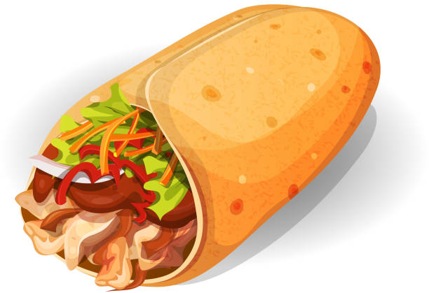 Mexican Burrito Icon Vector illustration of an appetizing cartoon fast food mexican burrito icon, with corn wrap, salad leaves, tomatoes, cheese and chicken meat with chili beans, for takeout restaurant. File is EPS10 and uses multiply and overlay transparency. High resolution jpeg file and vector eps included. burrito stock illustrations