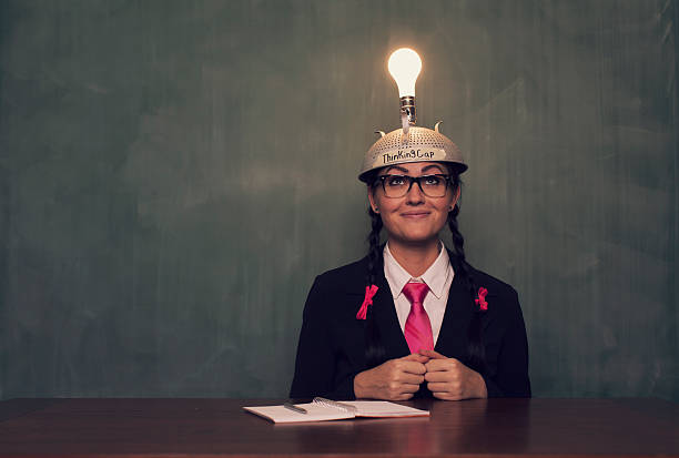 istock Retro Businesswoman with Thinking Cap is Happy 492846156