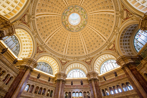 Ceiling and architectural detail of the Library of Congress Reading Room.