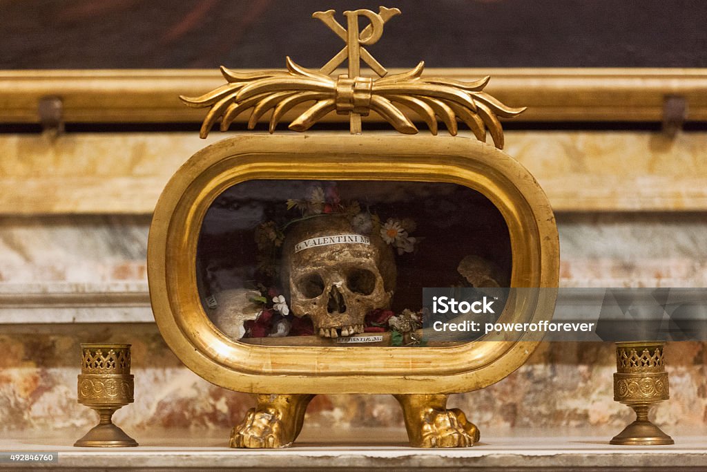 Saint Valentine's Skull Saint Valentine of Rome is a widely recognized third-century Roman saint commemorated on February 14th. His skull is exhibited in the Basilica of Santa Maria in Cosmedin, Rome, Italy. There is no entrance fee and it does not operate as a museum. Valentine's Day - Holiday Stock Photo