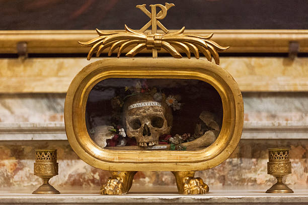 Saint Valentine's Skull Saint Valentine of Rome is a widely recognized third-century Roman saint commemorated on February 14th. His skull is exhibited in the Basilica of Santa Maria in Cosmedin, Rome, Italy. There is no entrance fee and it does not operate as a museum. christian artifacts stock pictures, royalty-free photos & images