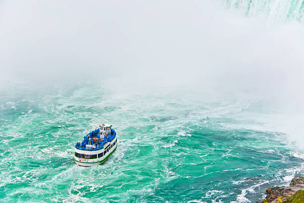 istock Boat tour at Niagara Falls with spraying water 492847136