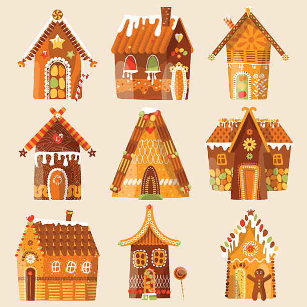 bildbanksillustrationer, clip art samt tecknat material och ikoner med set of 9 festive gingerbread houses. christmas tradition. - pepparkakshus