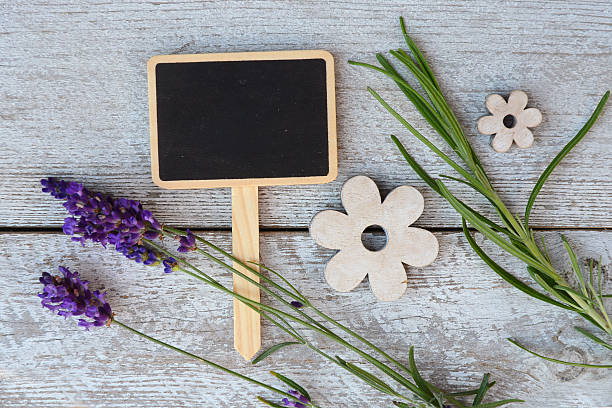 istock White wooden background with lavender, chalkboard and empty copy space 492850462