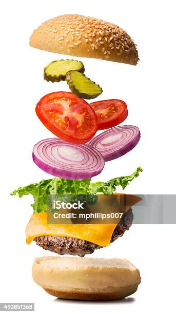 Cheeseburger Exploded View Stock Photo - Download Image Now - Hamburger, White Background, Flying