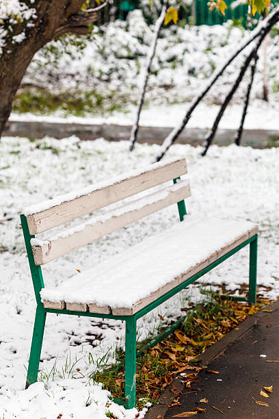 istock first snow on bench in city park in autumn 492852732