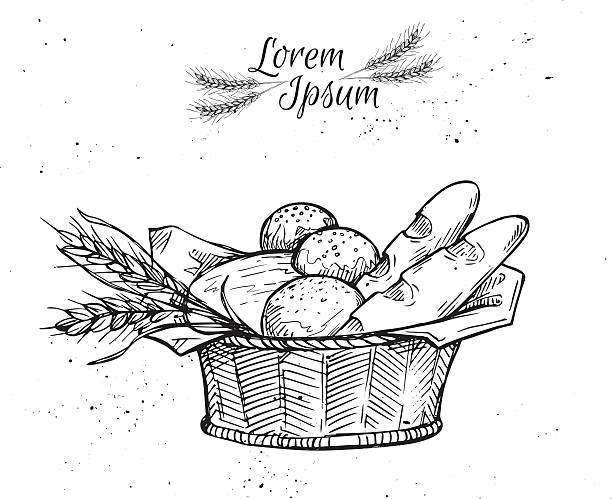rękę wyciągnąć vintage ilustracja wektorowa-piekarni. - bread food basket sweet bun stock illustrations