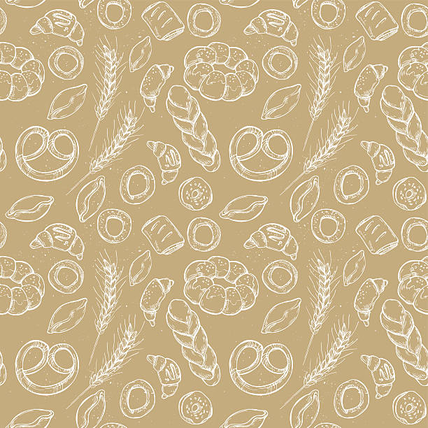Hand drawn vintage vector seamless pattern - Bakery shop. Hand drawn vintage vector seamless pattern - Bakery shop. Grocery store. Organic food. bread patterns stock illustrations