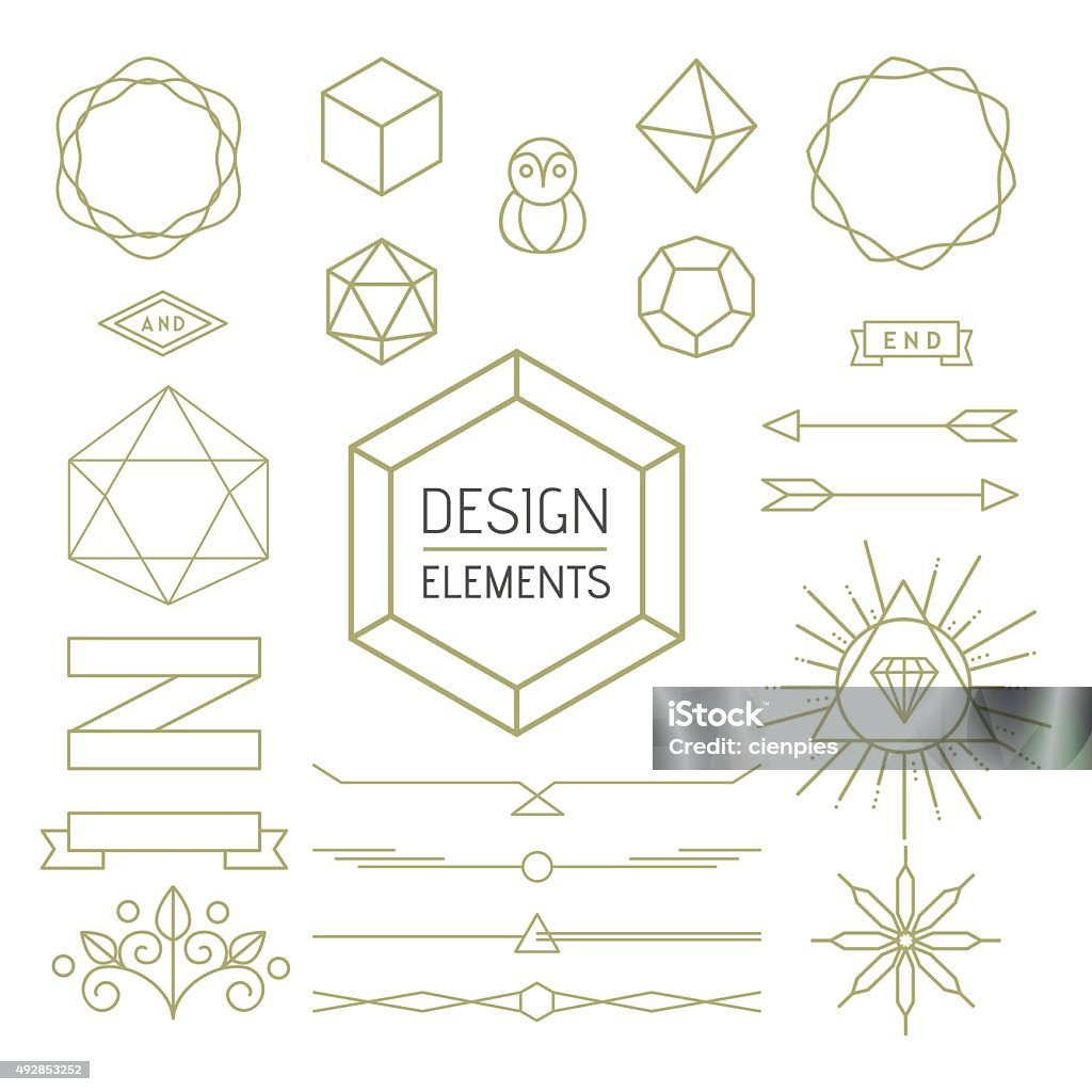Design element set mono line art geometry symbol Design elements set mono line outline style. Includes geometry badges, lettering symbols, signs and icons. EPS10 vector.. Border - Frame stock vector
