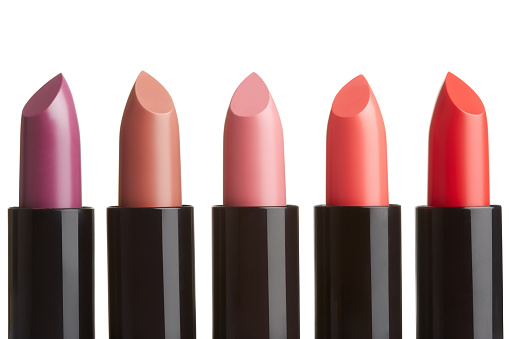 Five lipstick colorful collection with purple, brown, pink, coral, red, colors isolated on white, clipping path included