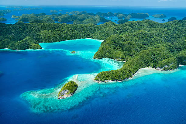 Palau islands from above Beautiful view of Palau tropical islands and Pacific ocean from above palau beach stock pictures, royalty-free photos & images