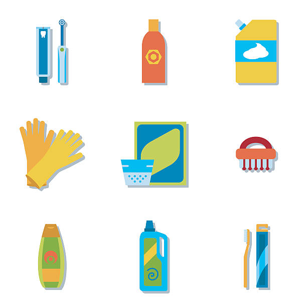 illustrations, cliparts, dessins animés et icônes de les produits ménagers et de nettoyage fournitures bouteilles vector plate icônes - toothbrush plastic multi colored hygiene