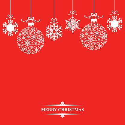 Vector illustrations of background with hanging Christmas baubles and snowflakes on red background