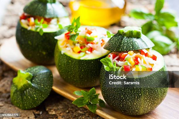 Zucchini Stuffed With Vegetables Stock Photo - Download Image Now - Stuffed, Zucchini, Basil