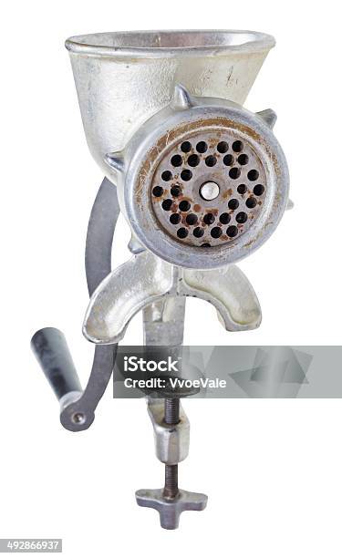 Old Iron Meat Mincer Isolated On White Stock Photo - Download Image Now - Kitchen, Appliance, Cast Iron