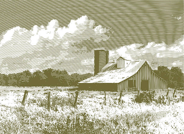 Woodcut Red Barn and Silo vector art illustration