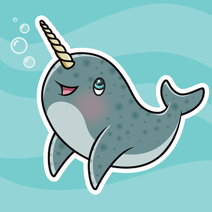 An adorable little Kawaii styled narwhal character swimming in the ocean and blowing little bubbles. Download includes AI10 EPS and a high resolution RGB JPEG.