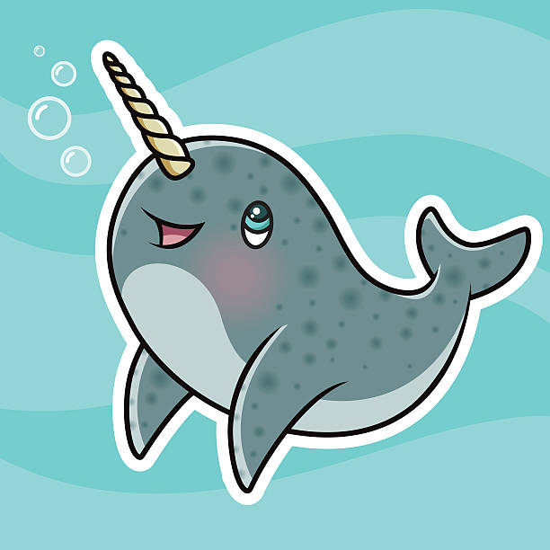 Adorable Kawaii Narwhal Character Blowing Bubbles An adorable little Kawaii styled narwhal character swimming in the ocean and blowing little bubbles. Download includes AI10 EPS and a high resolution RGB JPEG. narwhal stock illustrations