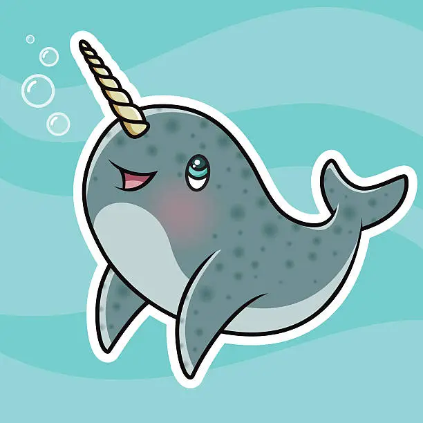 Vector illustration of Adorable Kawaii Narwhal Character Blowing Bubbles