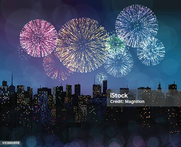 Fireworks Over The City Stock Illustration - Download Image Now - Firework Display, Firework - Explosive Material, New Year