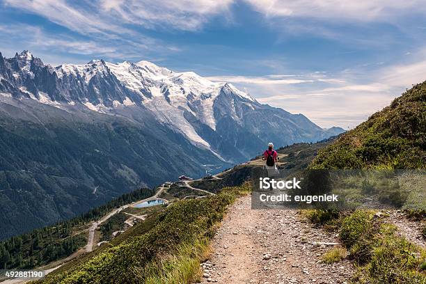 Young Woman Walking On A Footpath In The Mountains Stock Photo - Download Image Now - Mont Blanc, Hiking, Mountain