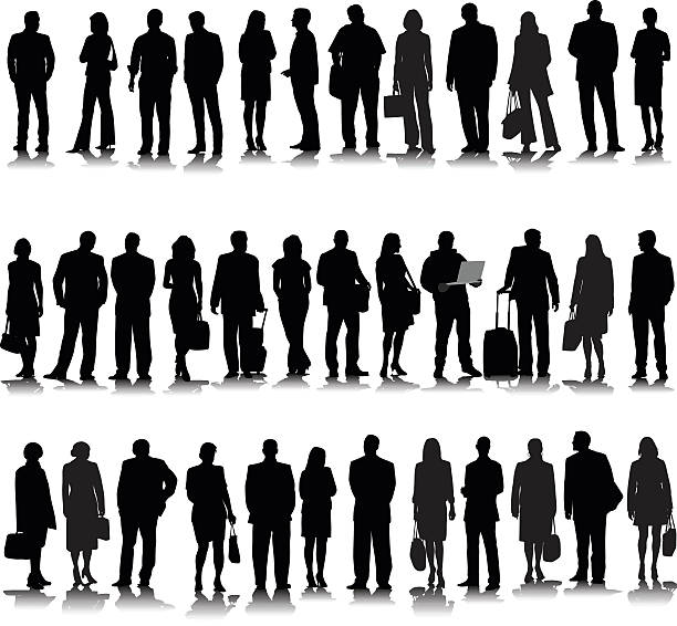 Collection Of Business Silhouette Collection of thirty-four discinct business people silhouette.  Some are carrying documents, some of the women have a purs, one is holding a laptop.  Most of them are facing forward and they all have formal business clothing such as suits. technology silhouettes stock illustrations