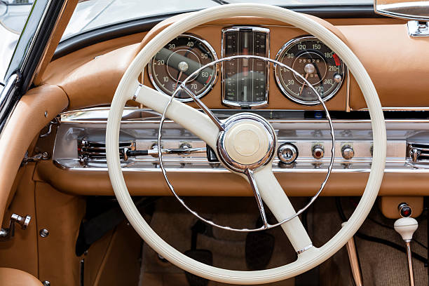 Interior of Old Car dashboard and steering wheel of a vintage convertible car vintage steering wheel stock pictures, royalty-free photos & images