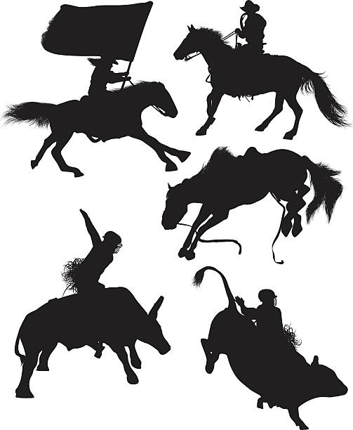 illustrazioni stock, clip art, cartoni animati e icone di tendenza di gruppo di ciclisti in un rodeo - rodeo bull bull riding cowboy