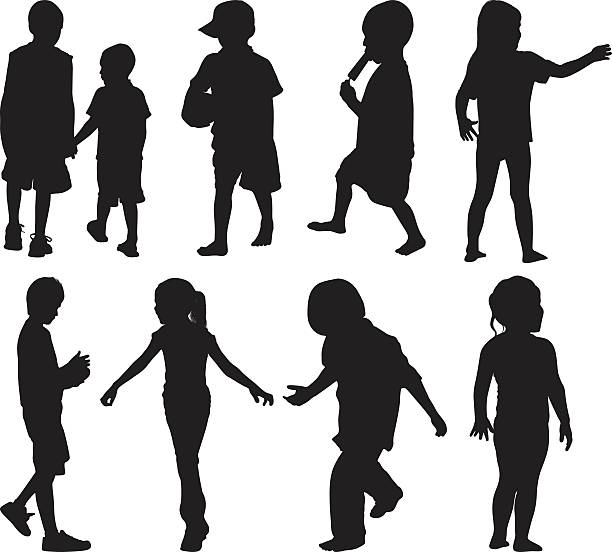 маленькие мальчики и девочки в различных действий - silhouette back lit little boys child stock illustrations