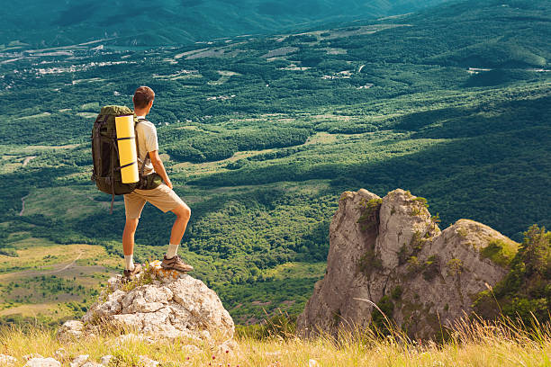 istock Backpacker stands on rock and looking at the big valley 492884320