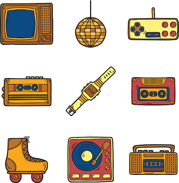 Icons on retro 80s theme Set of cartoon hand drawn icons on retro 80s theme 70s theme stock illustrations