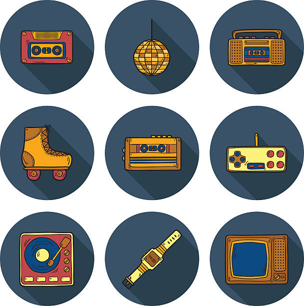 Icons on retro 80s theme Set of cartoon hand drawn icons on retro 80s theme 70s theme stock illustrations