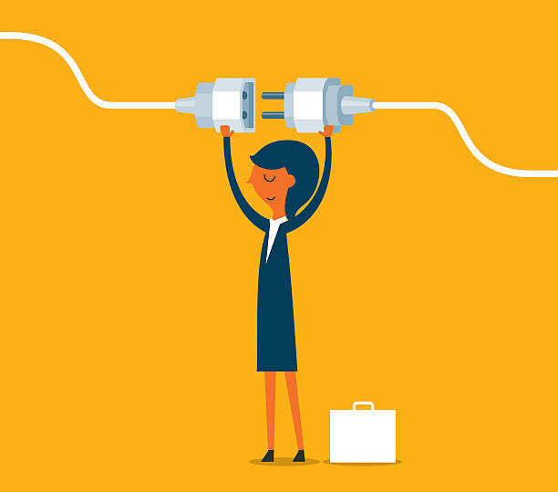 Getting plugged in A businesswoman connecting a power cord. two pin plug stock illustrations