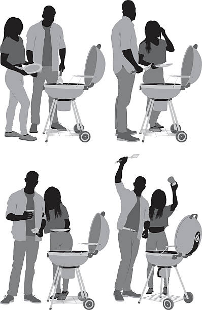 Couple together by the barbecue grill Couple together by the barbecue grillhttp://www.twodozendesign.info/i/1.png man grilling white background stock illustrations