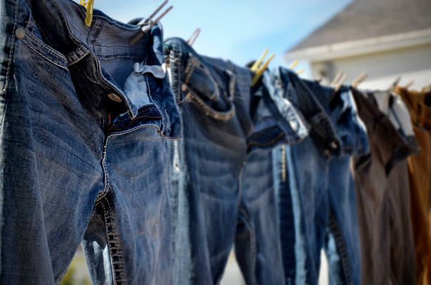 Clean laundry hung out to dry on a clothes line.