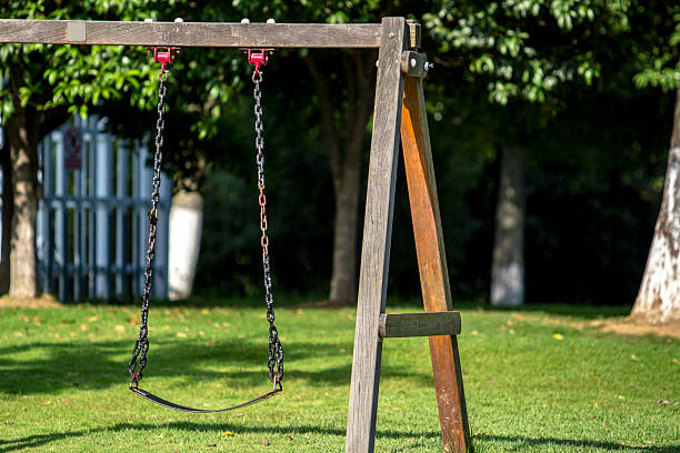 istock wooden swing on lawn 492887154