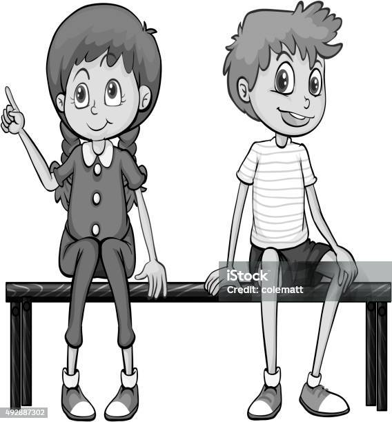 Girl And Boy Sitting Bench Stock Illustration - Download Image Now - 2015, Backgrounds, Bench