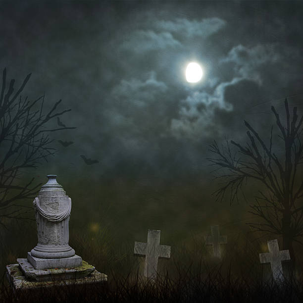 istock Spooky Halloween graveyard with dark clouds and ominous moon 492887490