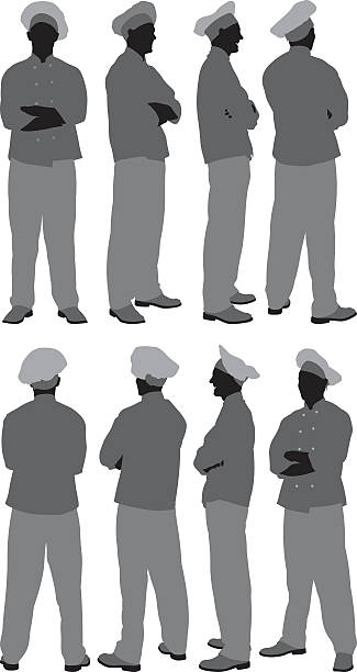Chef in various poses Chef in various poseshttp://www.twodozendesign.info/i/1.png chef silhouettes stock illustrations