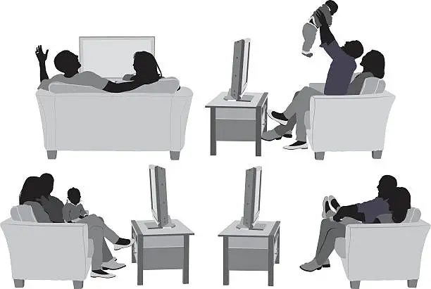 Vector illustration of Couple on couch and in various actions