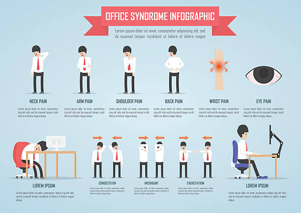 büro-syndrom infographic template-design - ergonomische tastatur stock-grafiken, -clipart, -cartoons und -symbole