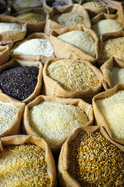 istock Various types of Thai rice in burlap sacks. 492889142