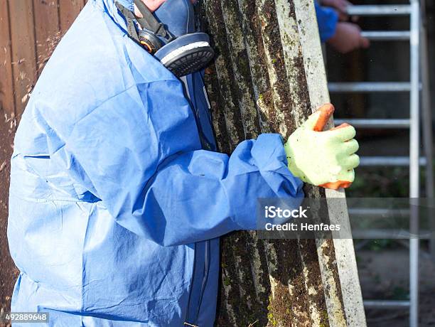 Asbestos Corrugated Roofing Sheet Being Removed And Sealed Stock Photo - Download Image Now