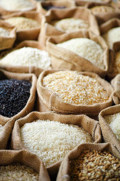 istock Various types of Thai rice in burlap sacks. 492893040